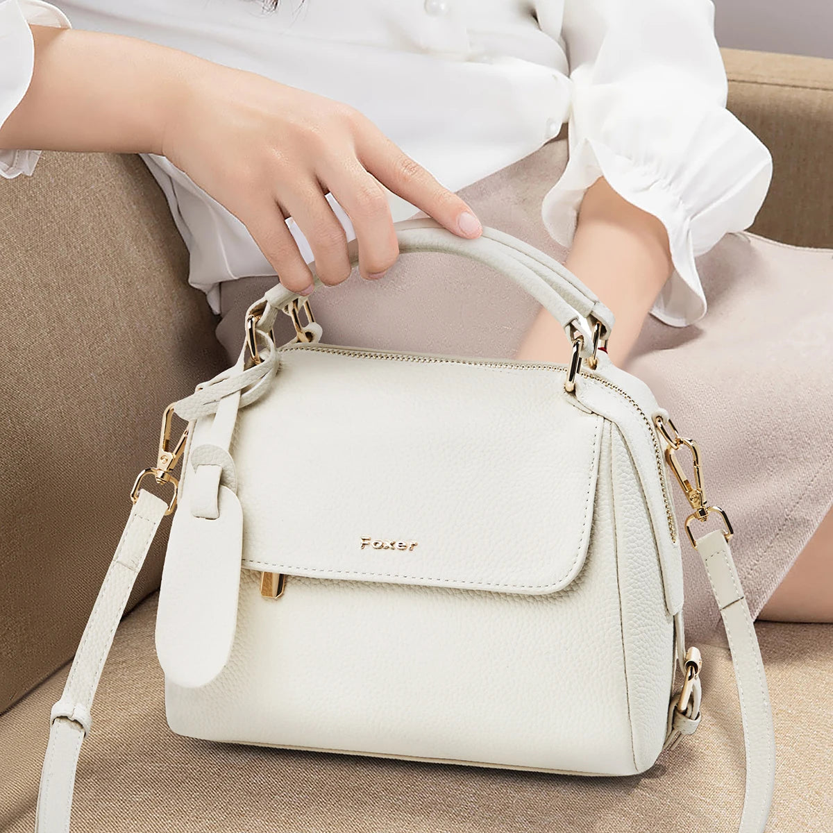 FOXER Elegant Women's Handbag In Genuine White Leather