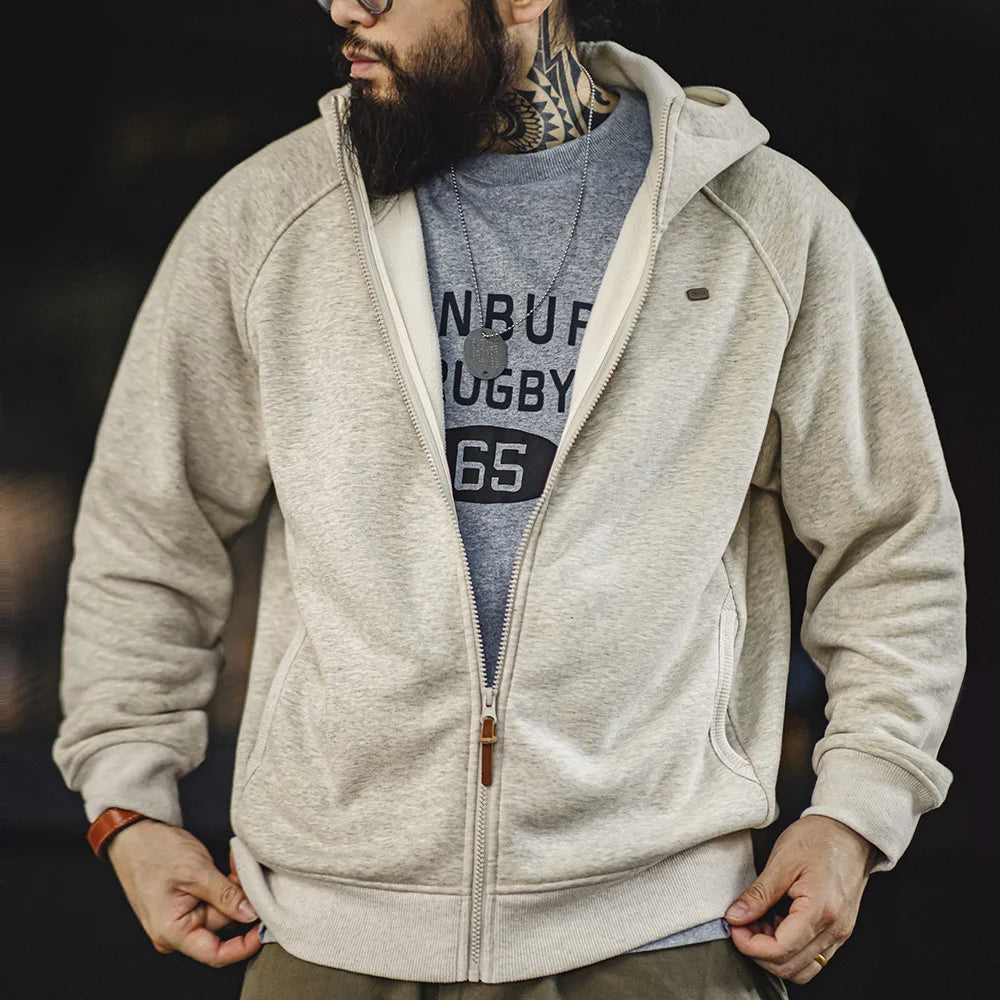 Maden Men's Casual Loose Fit Hoodie Raglan Sleeves Heather Gray Cardigan Ribbed Hem Long Sleeve Outerwear for Spring Fall