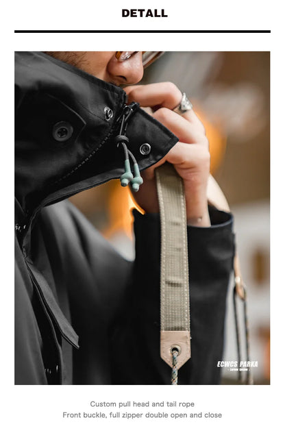 Maden Outdoor Sports Hooded Jacket for Men Black Windbreaker Motorcycle Style Mid-length with Multi-pockets Coat for Autumn