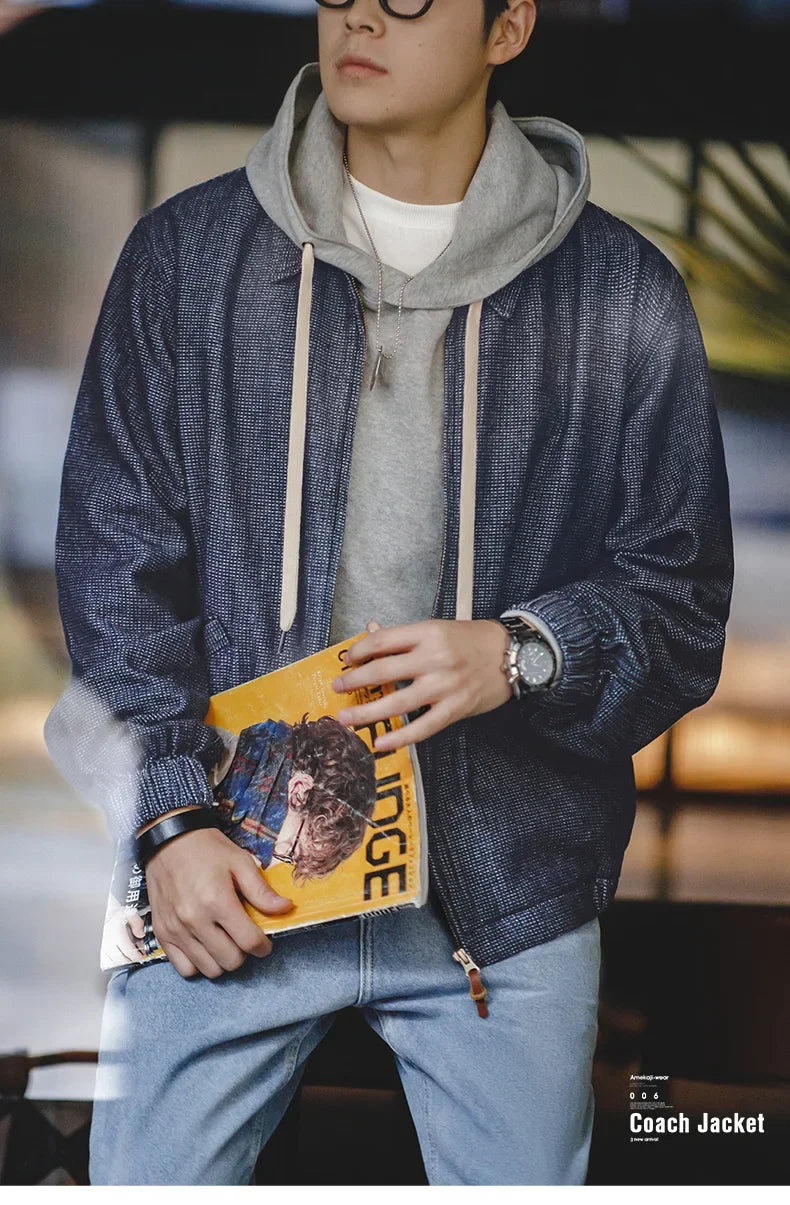 Maden New Vintage Denim Jacket Loose Fit Lapel Zipper Jacket for Men’s Spring and Autumn Fashion Short Blue Versatile Coats