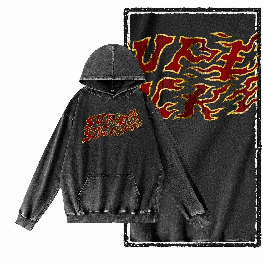 G09 Creative Graphic Acid-Washed Black Hoodie