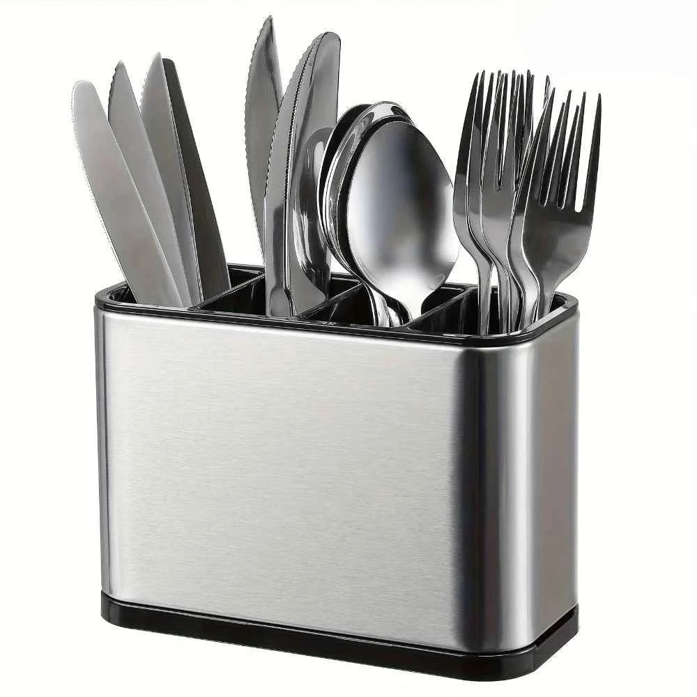 1Pc Stainless Steel Cutlery Holder with 4 Compartments, Rustproof Organizer for Kitchen Counter, Large Capacity Utensil Storage