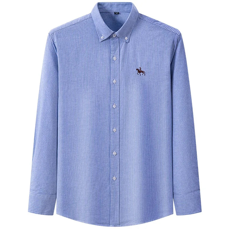 Pure Cotton Oxford Embroidered Horse Shirt for Men - Oversized Floral Long Sleeve Casual Streetwear Plus Size