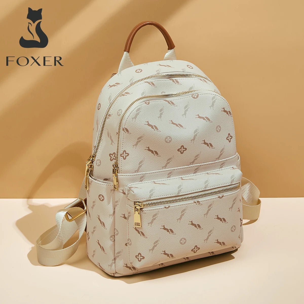 FOXER Women's Backpack Signature PVC Printing Fashion Travel Shoulder Bag Ladies Travel Rucksack Female Casual Monogram Backpack