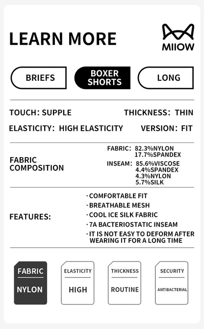 MiiOW 3Pcs Men's Breathable Boxers - Ice Silk Antibacterial Underwear with Cool Breathable Mesh