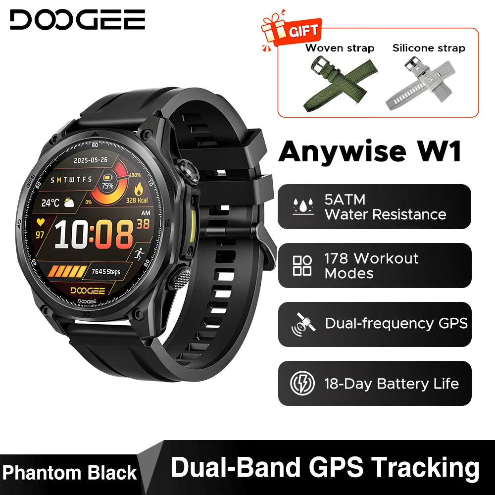 DOOGEE Anywise W1 AMOLED Smartwatch – Dual-Band GPS & Calls