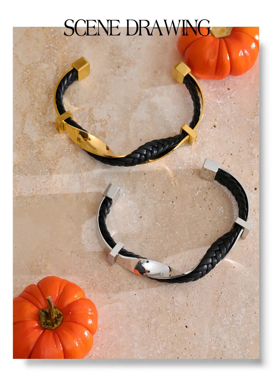 68mm Black Leather Stainless Steel Twisted Cuff Bracelet - ShopHub