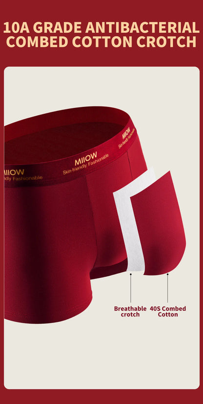 MiiOW 3Pcs Men's Antibacterial Cotton Boxers Lucky Red Breathable Underwear
