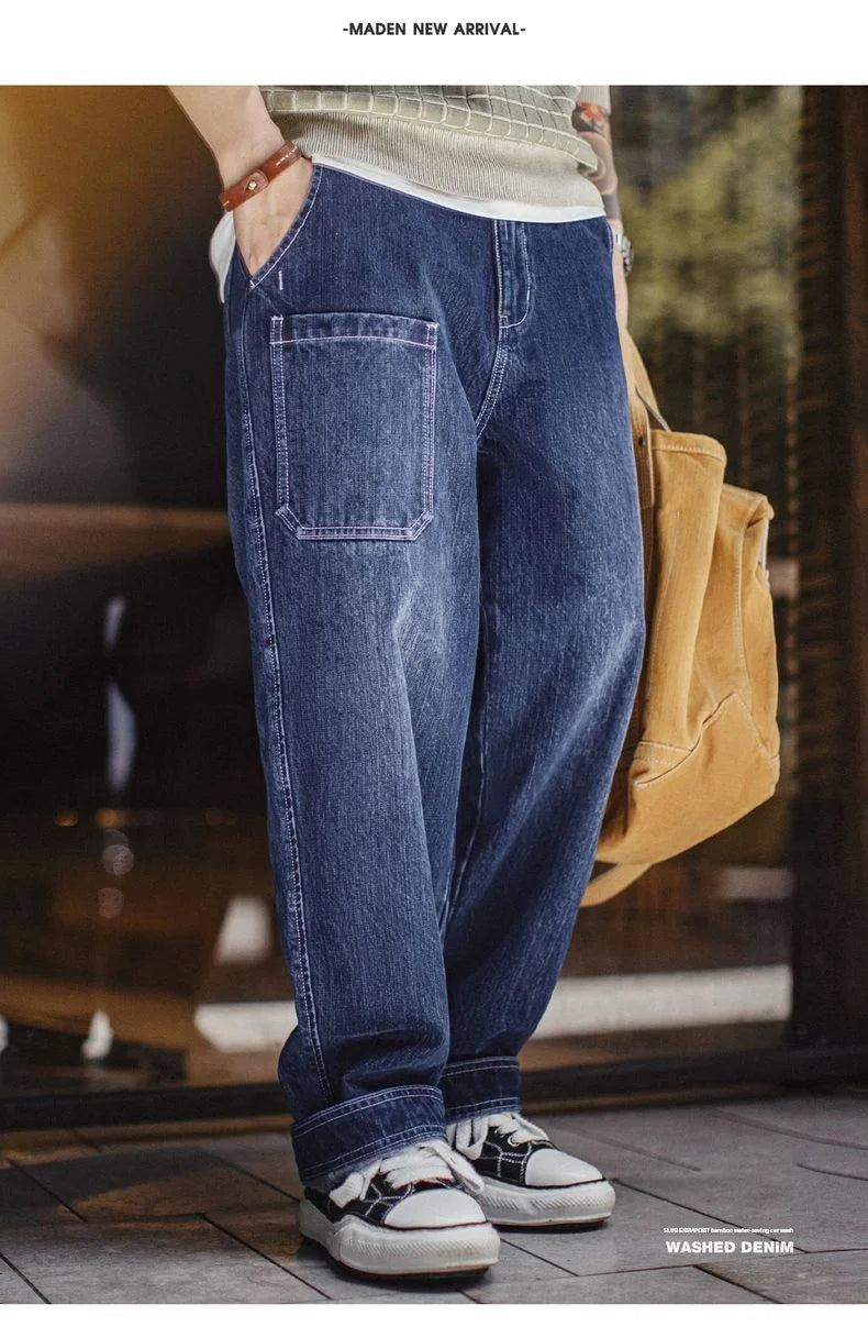 Maden 15oz Slub Cotton Denim Jeans Vintage Men's Washed Blue Straight Tapered Trousers Pants with Pockets for Men Autumn Winter