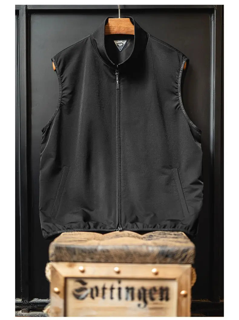 Maden Outdoor Men's Stand Collar Zip-Up Vest Lightweight Black Quick Dry Camping Fishing Waistcoat for Summer Sleeveless Jacket