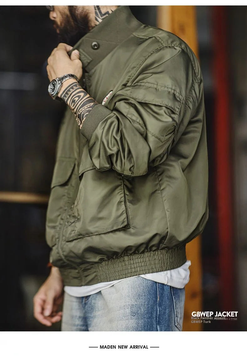 Maden Vintage Military Style G8WEP Jacket Men's Short Length Stand Collar Tactical Coat Green Lightweight Zip-Up Field Jacket