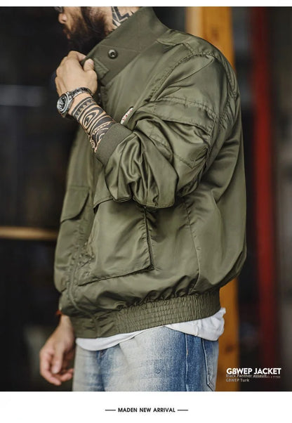 Maden Vintage Military Style G8WEP Jacket Men's Short Length Stand Collar Tactical Coat Green Lightweight Zip-Up Field Jacket