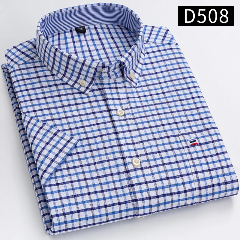 100% Cotton Men's Breathable Cotton Plaid Shirt - Short Sleeve Oxford Summer Striped Regular Fit Oversized Clothing