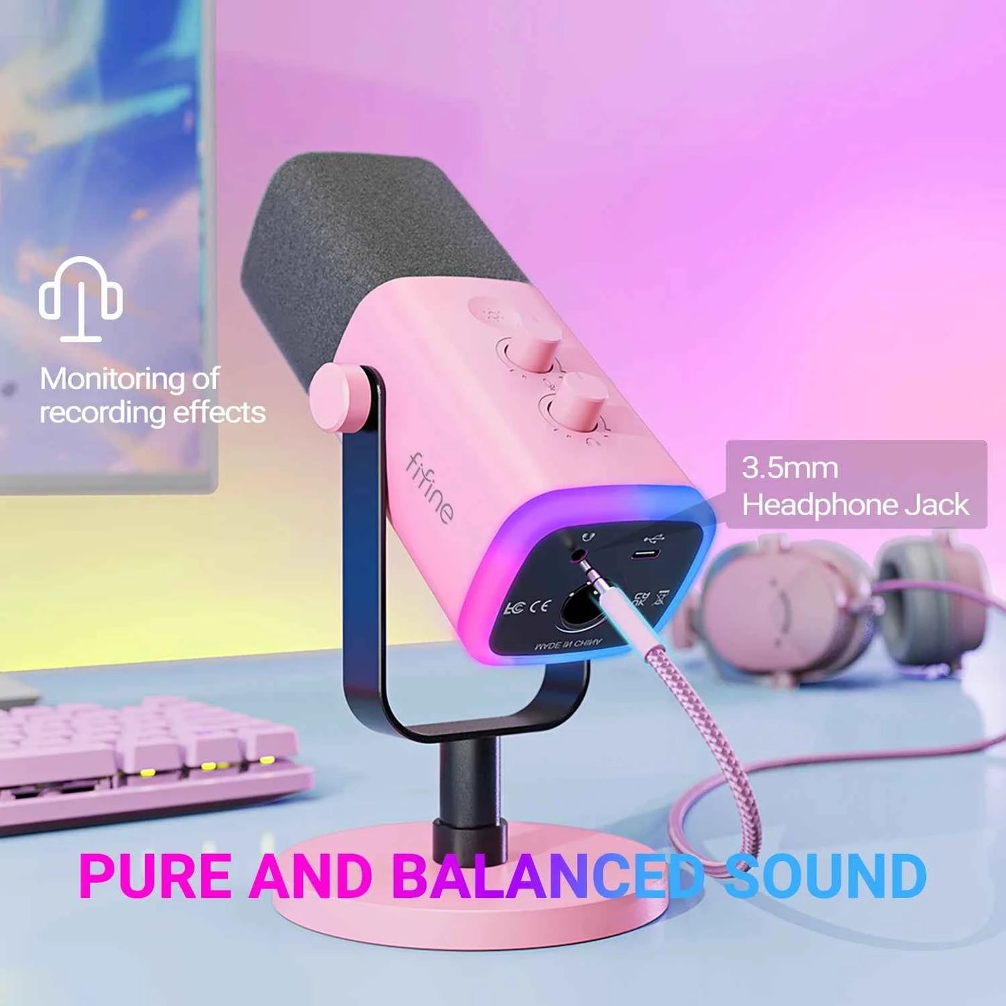 FIFINE USB/XLR gaming microphone on a desk, featuring a black body and adjustable stand, ideal for streaming and gaming setups.