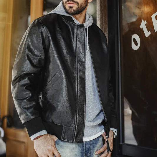 Maden Vintage Men's MA1 Leather Jacket Black Pilot Bomber Jacket Short Zip-up Pocket Baseball Coat Outerwear for Fall Streetwear