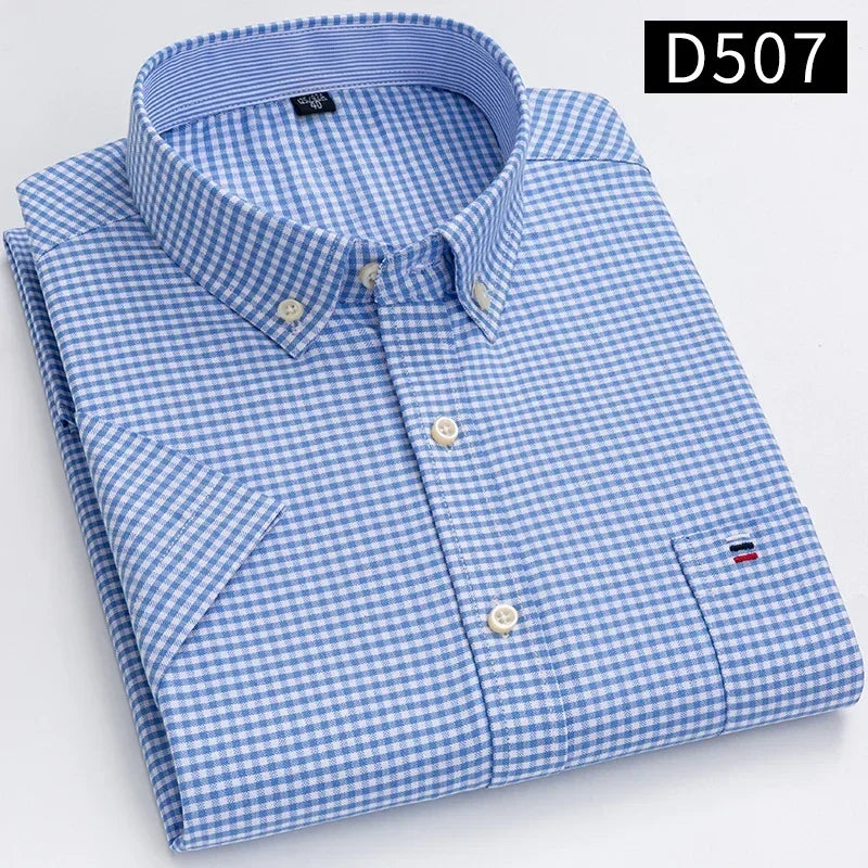100% Cotton Men's Breathable Cotton Plaid Shirt - Short Sleeve Oxford Summer Striped Regular Fit Oversized Clothing