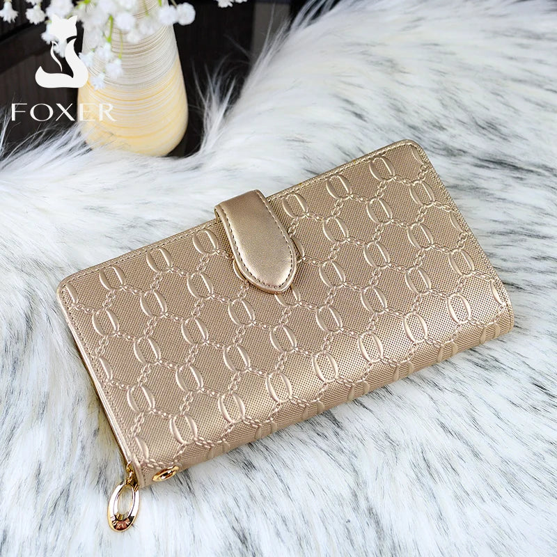 FOXER Split Leather Women's Long Wallet in Gold