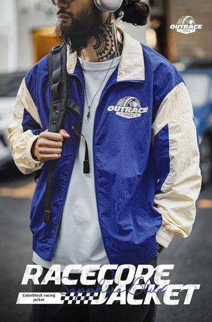Maden Vintage Splice Racing Jacket Men's Spring Embroidered Outdoor Motorcycle Style Zip-Up Outerwear Lapel Casual Blue Jackets