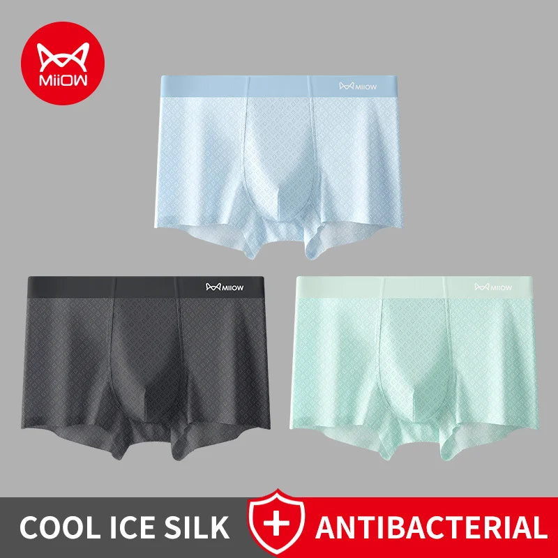 MiiOW Men's Ice Silk Boxer Briefs - 3Pcs Antibacterial Breathable Underwear