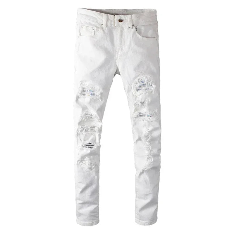 Sokotoo Men's White Crystal Holes Ripped Jeans - ShopHub