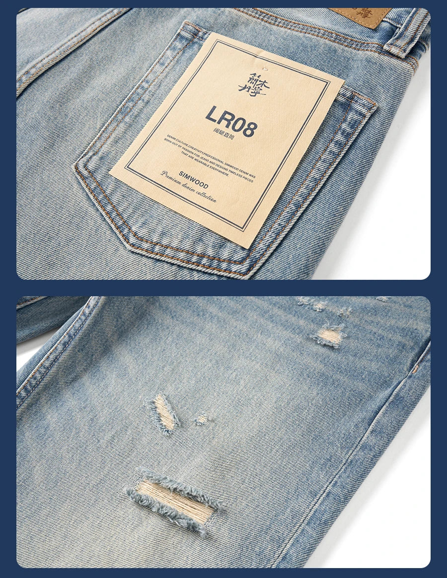 SIMWOOD High Standard 2026 Summer New Loose Relax 14oz Fabric Hole Ripped Jeans Men Vintage Streetwear Fashion Denim Pants