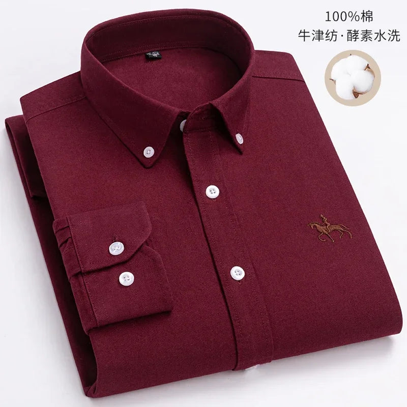 Pure Cotton Oxford Embroidered Horse Shirt for Men - Oversized Floral Long Sleeve Casual Streetwear Plus Size