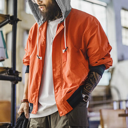 Maden Men's Retro Patchwork Color-Block Hooded Flight Jacket Orange Bomber Jacket Casual Zip-Up Lightweight Spring Fall Outwear