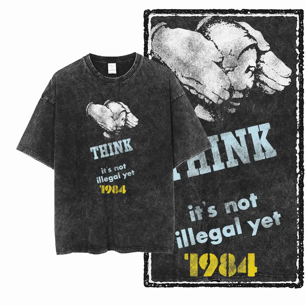 G02 Exclusive 100% Cotton Big Size 1984 Graphic Men T-shirt | Acid Washed Streetwear Cool Vintage O-neck Men's Tee Tshirt