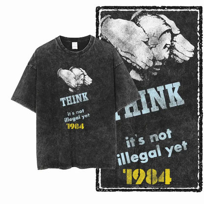 G02 Exclusive 100% Cotton Big Size 1984 Graphic Men T-shirt | Acid Washed Streetwear Cool Vintage O-neck Men's Tee Tshirt