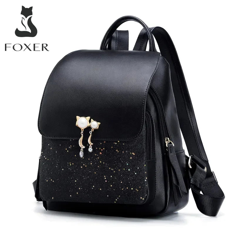 FOXER 2026 Hot Sale New Sequin Women's Backpack Cat Pendant Anti-theft Bag Large Capacity Student Schoolbag Commuter Travel Bag