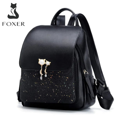 FOXER 2026 Hot Sale New Sequin Women's Backpack Cat Pendant Anti-theft Bag Large Capacity Student Schoolbag Commuter Travel Bag