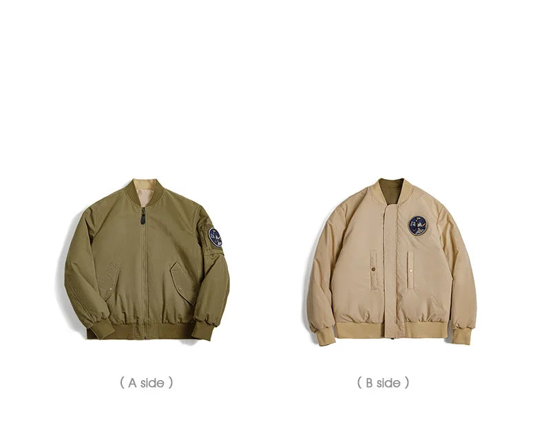 Maden Reversible MA-1 Flight Jackets for Men Baseball Collar Small Square Texture Fall and Winter Thickened Coats Cotton Jacket