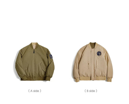 Maden Reversible MA-1 Flight Jackets for Men Baseball Collar Small Square Texture Fall and Winter Thickened Coats Cotton Jacket