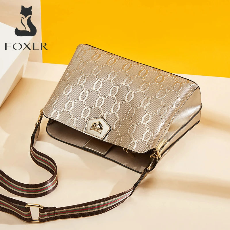 FOXER Women's Shoulder Bag Split Leather Lady Crossbody Bag Fashion Monogram Print Large Capacity Handbag Purse