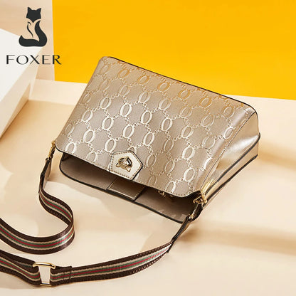 FOXER Women's Shoulder Bag Split Leather Lady Crossbody Bag Fashion Monogram Print Large Capacity Handbag Purse