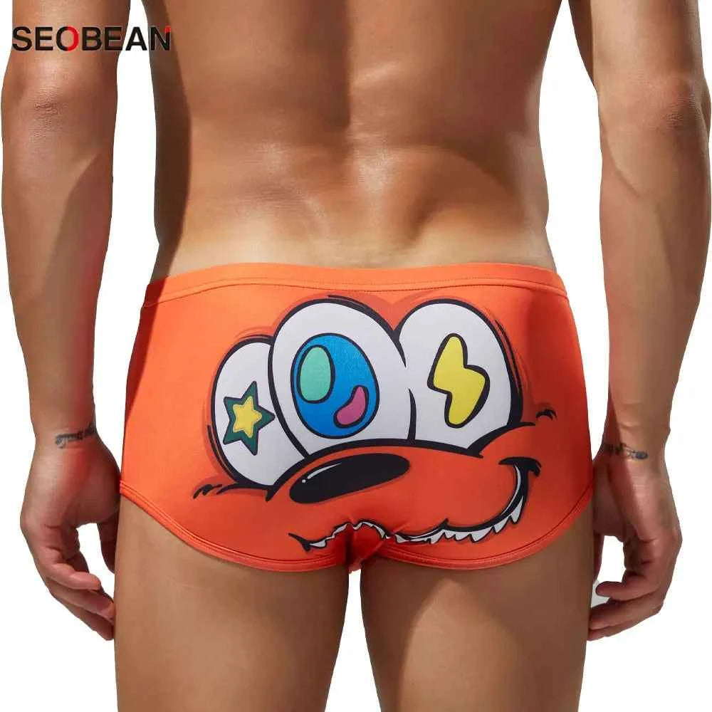 SEOBEAN Men's Ice Silk Underwear with Sexy Cartoon Pattern - Low Waist Half Hollow Boxers