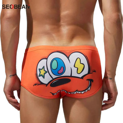 SEOBEAN Men's Ice Silk Underwear with Sexy Cartoon Pattern - Low Waist Half Hollow Boxers