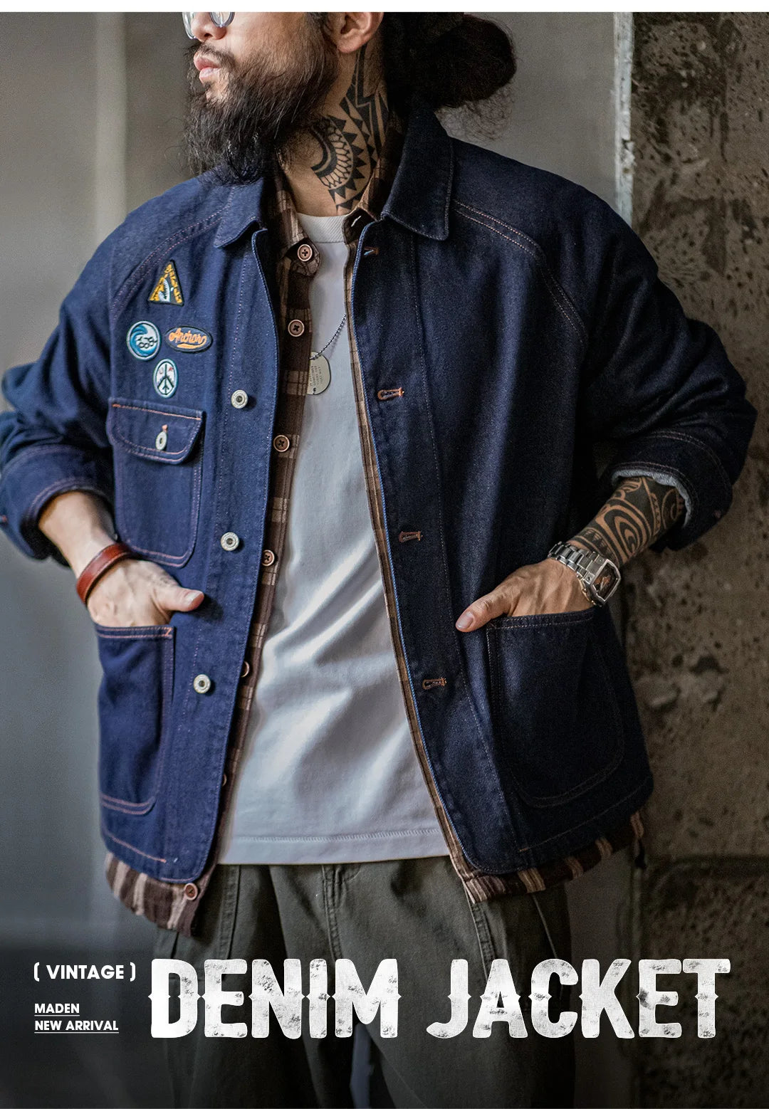 Maden Vintage Embroidered Badge 12.8oz Heavyweight Denim Jacket Washed Lapel Casual Outerwear for Men Spring and Fall Chore Coat