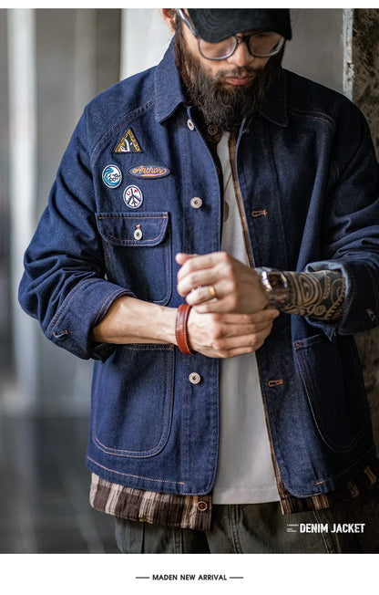Maden Vintage Embroidered Badge 12.8oz Heavyweight Denim Jacket Washed Lapel Casual Outerwear for Men Spring and Fall Chore Coat