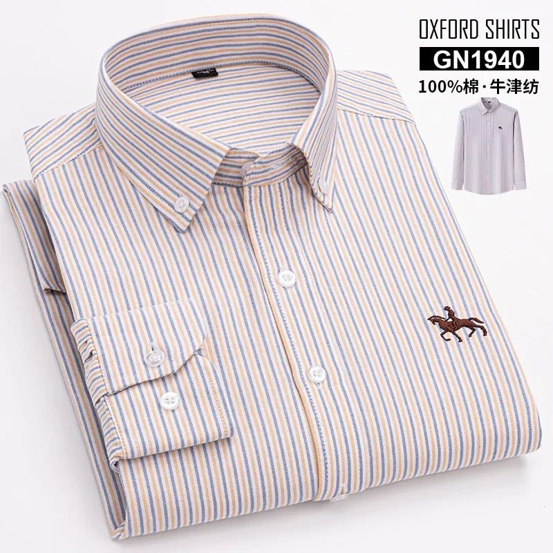 Pure Cotton Oxford Embroidered Horse Shirt for Men - Oversized Floral Long Sleeve Casual Streetwear Plus Size