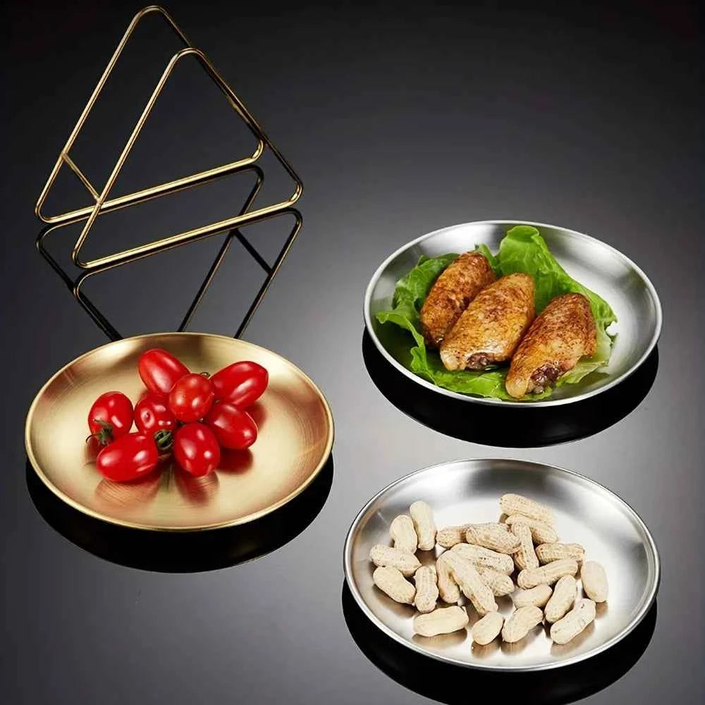 6Pcs Stainless Steel Plates Set Storage Rack Round Dish for BBQ Camping Kitchen Accessories Gadgets Tools Home Decor Gear