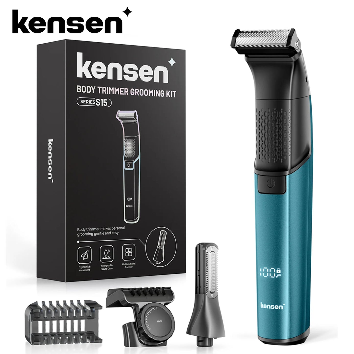 KENSEN S15 Electric Hair Trimmer - 2 in 1 Dual-Sided Blade Razor for Waterproof Beard and Body Hair Shaving for Men