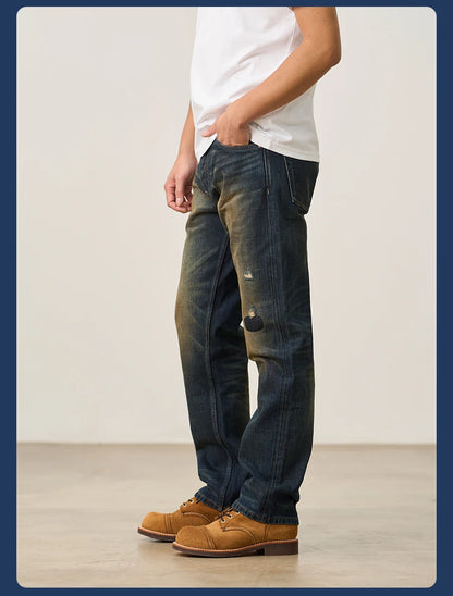 SIMWOOD 2026 Spring New Loose Straight 16oz Heavyweight Selvedge Denim Jeans Men Vintage Distressed Ripped Jeans