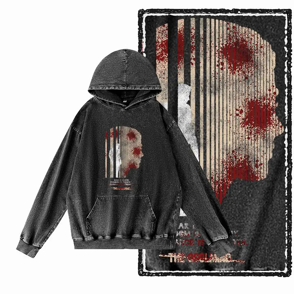 1984 Graphic Acid-Washed Black Streetwear Hoodie