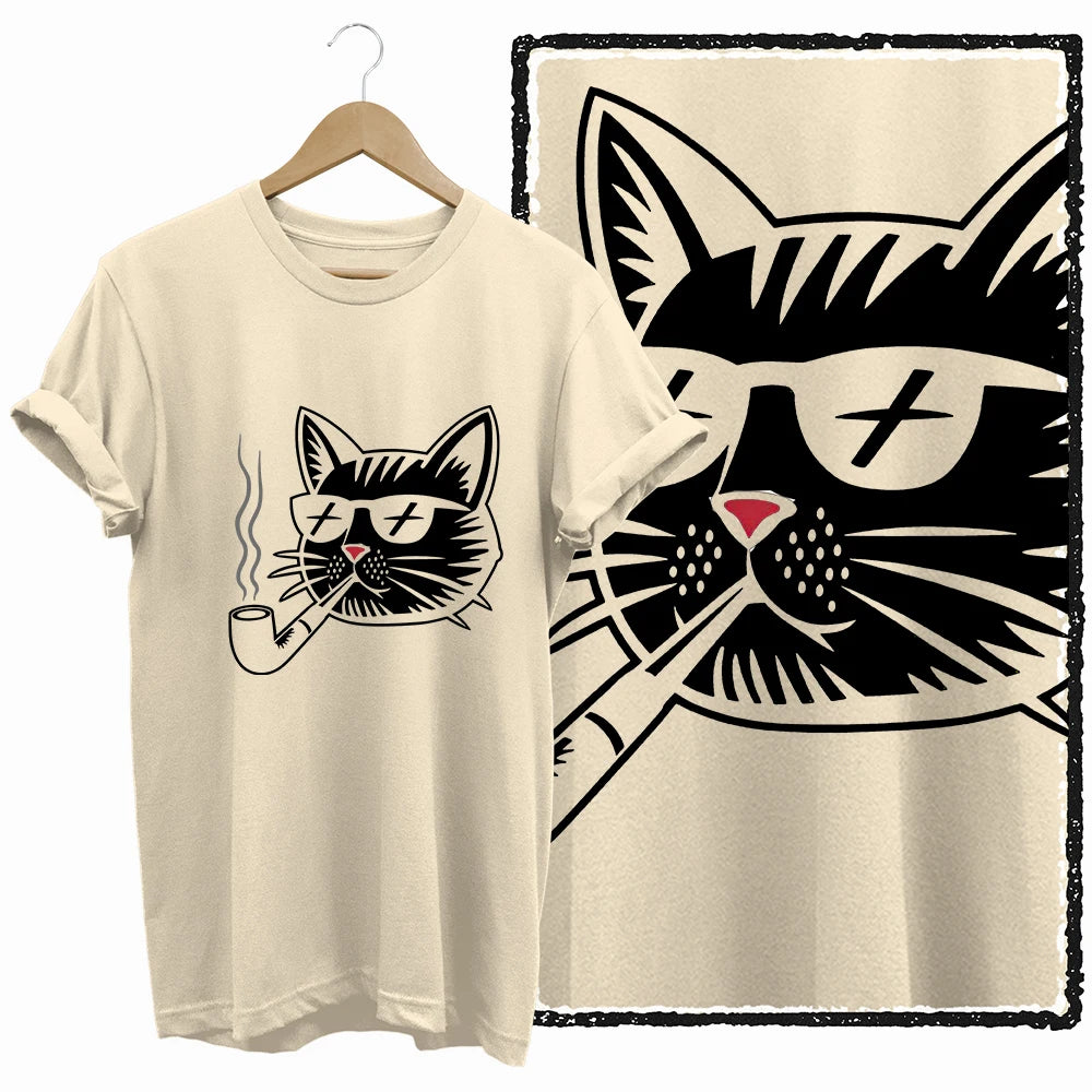 COOLMIND 100% Cotton Beige Cat Print Exclusive Graphic Women T Shirt Big Size Loose Cotton Cat Lover Women T Shirt Lovely Cat Te