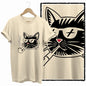 COOLMIND 100% Cotton Beige Cat Print Exclusive Graphic Women T Shirt Big Size Loose Cotton Cat Lover Women T Shirt Lovely Cat Te
