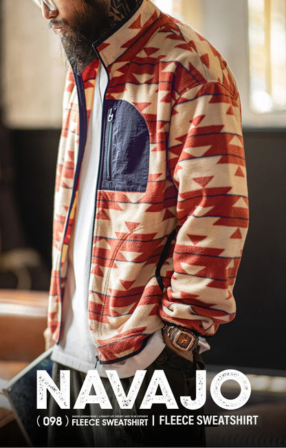 Maden Men's Vintage Navajo Polar Fleece Jacket Stand Collar Zip-Up Patchwork Sweatshirt Warm Cardigan for Spring and Autumn Coat
