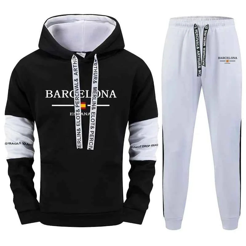 Men's Barcelona Print Hoodies and Sweatpants - Casual Autumn Winter Streetwear Jogging Suit