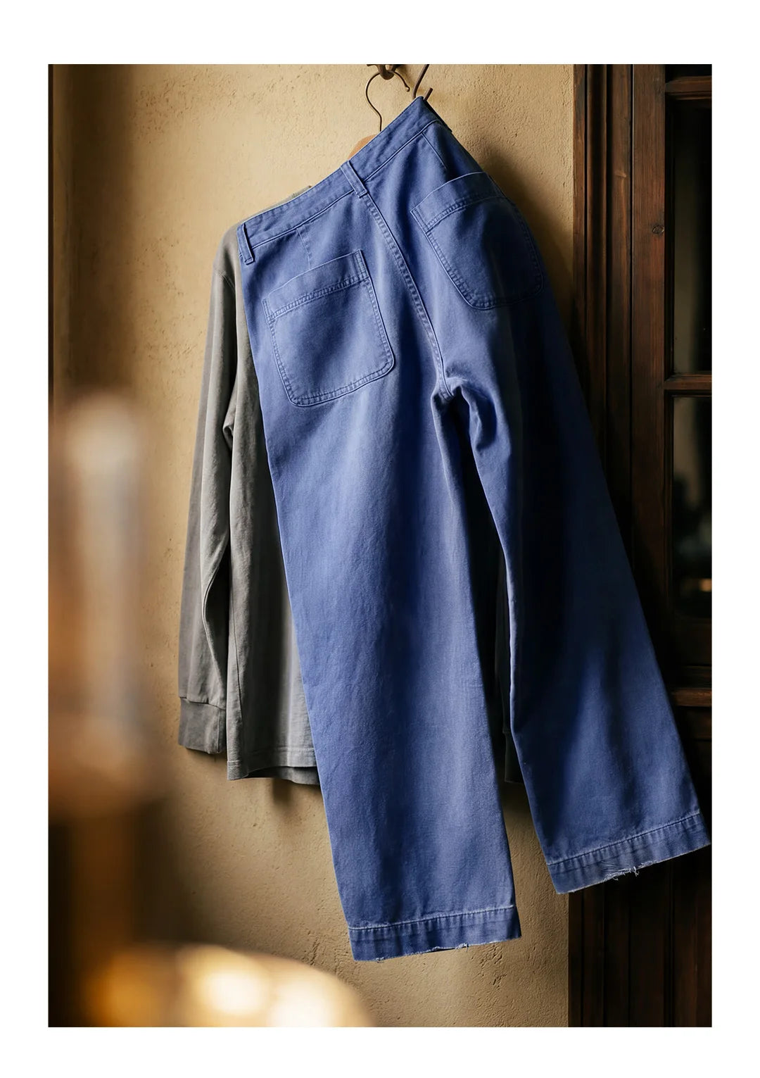 Maden Men‘s Vintage Washed Denim Jeans Blue Cotton Canvas Workwear Zipper Pants Loose Fit Casual Trousers for Spring and Autum
