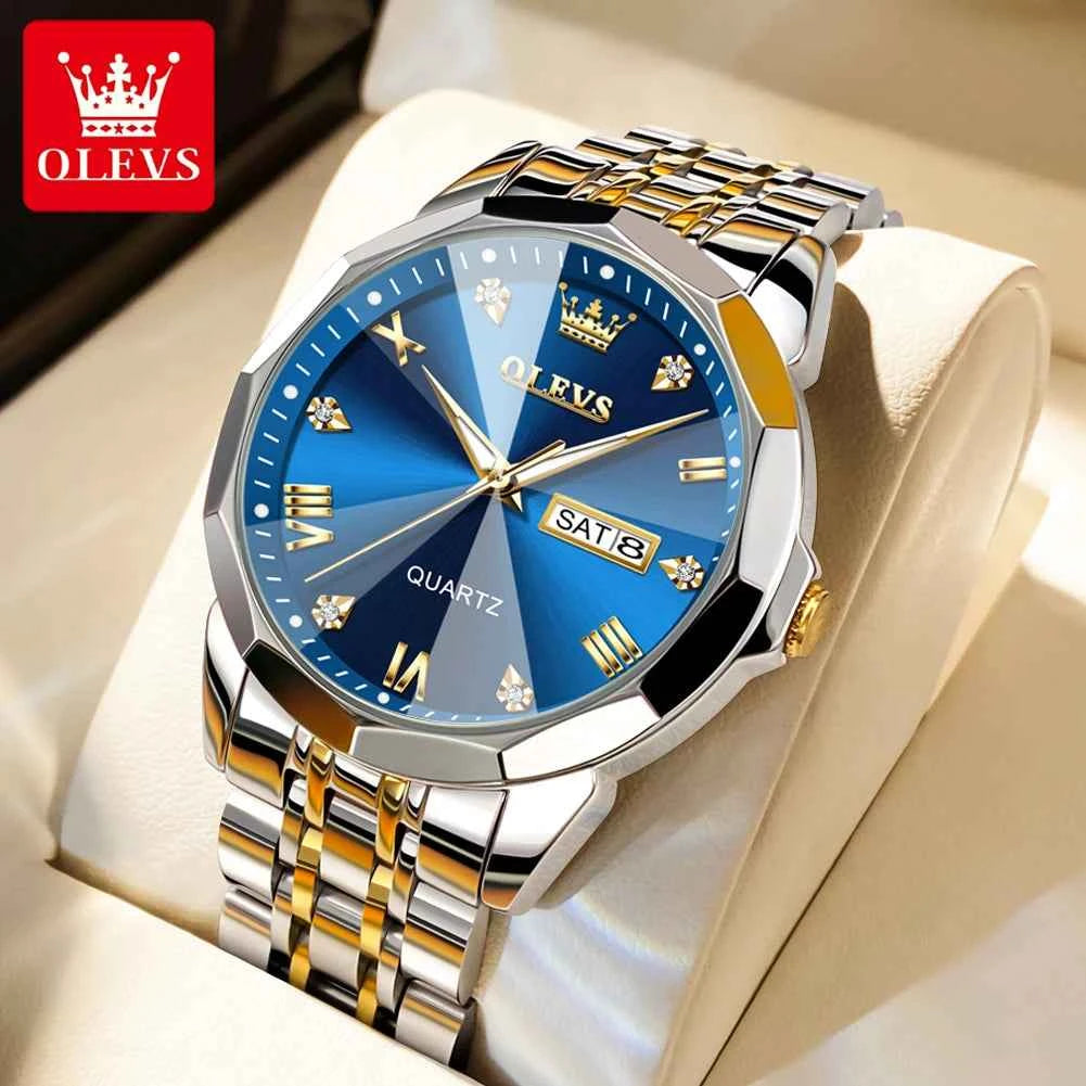 OLEVS 9970 Mens Watch with Original Mirror Quartz Movement, Waterproof, Luminous Dual Calendar - Perfect Mens Gifts Reloj